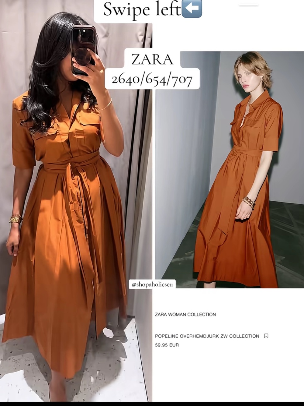 ZARA Rust Orange Midi Poplin Shirt Dress with Tie Waist